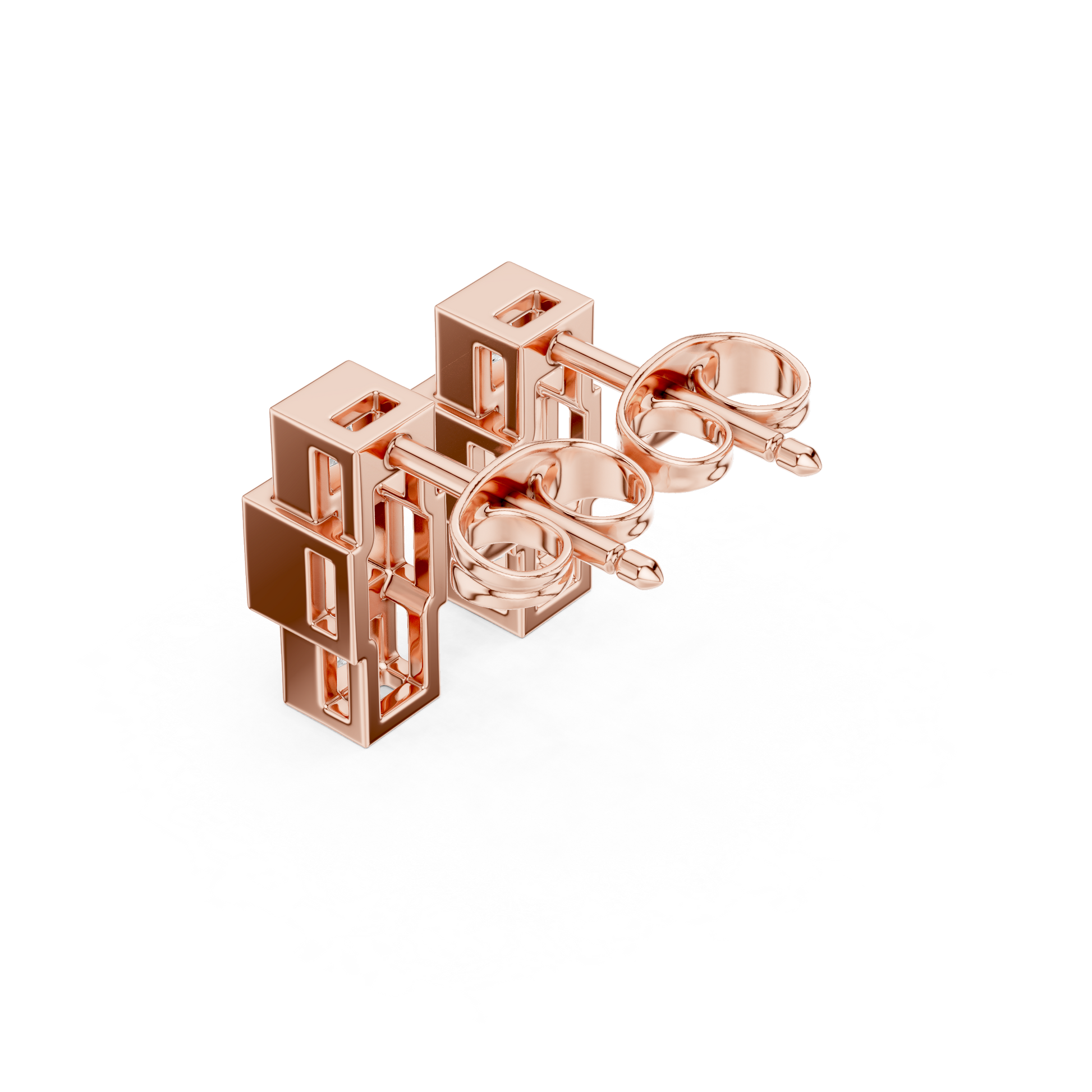 Crest Three-Stone Princess Cut Lab Grown Diamond Stud Earrings in Rose Gold