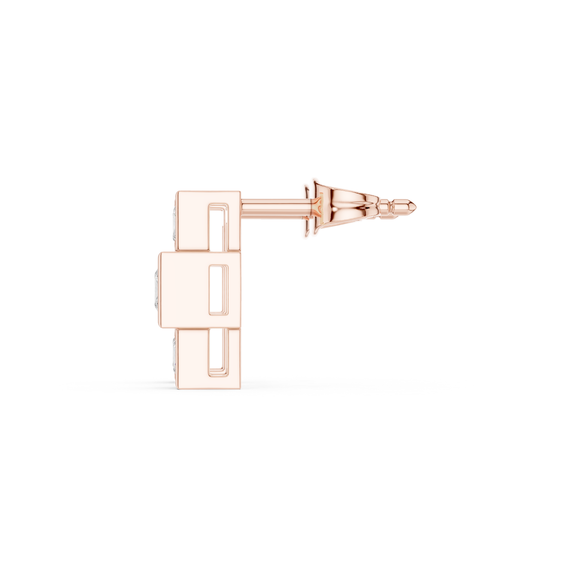 Crest Three-Stone Princess Cut Lab Grown Diamond Stud Earrings in Rose Gold