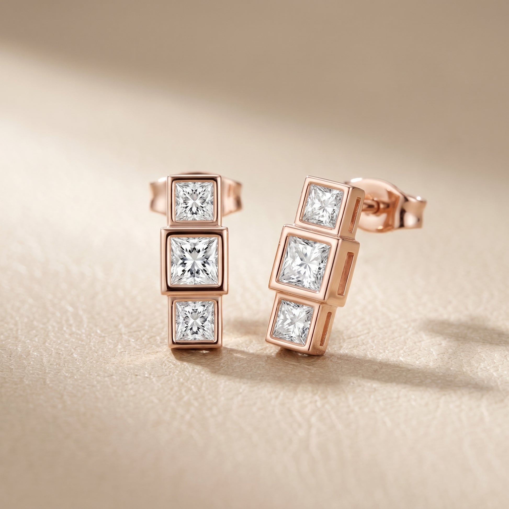 Crest Three-Stone Princess Cut Lab Grown Diamond Stud Earrings in Rose Gold