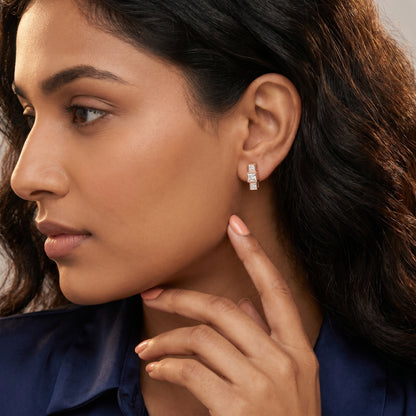 Crest Three-Stone Princess Cut Lab Grown Diamond Stud Earrings in Rose Gold