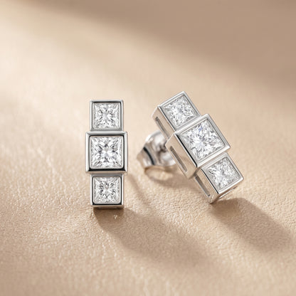 Crest Three-Stone Princess Cut Lab Grown Diamond Stud Earrings in Platinum