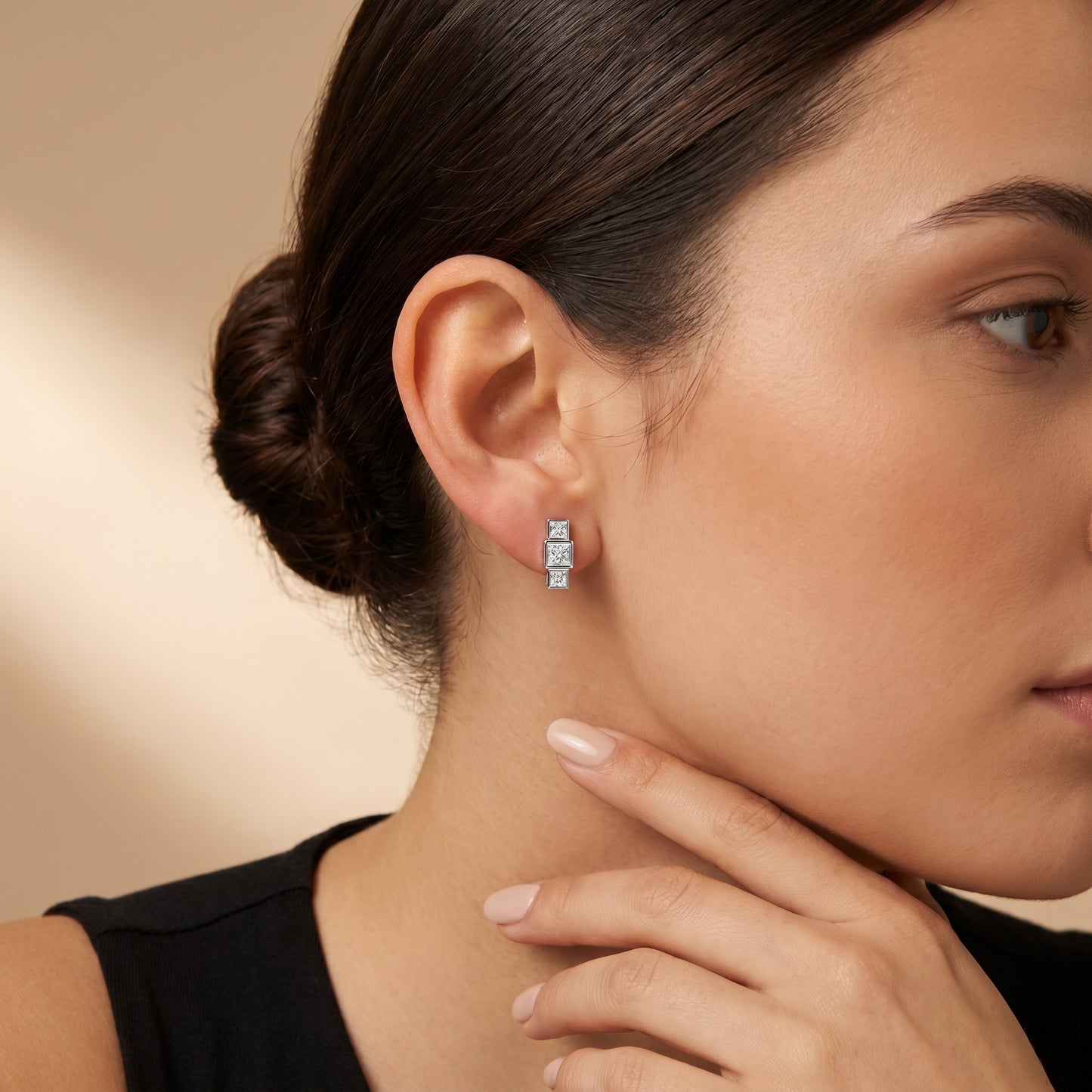 Crest Three-Stone Princess Cut Lab Grown Diamond Stud Earrings in Silver