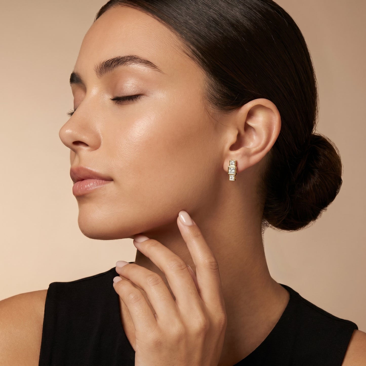 Crest Three-Stone Princess Cut Lab Grown Diamond Stud Earrings in Yellow Gold