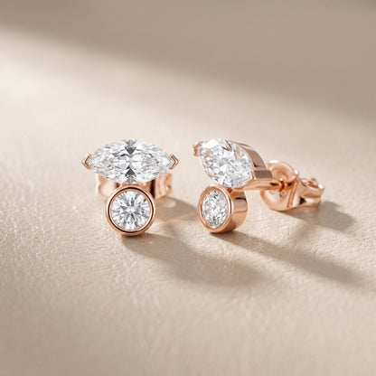 Marquise Round Cut Lab Grown Diamond Stud Earrings in Rose Gold