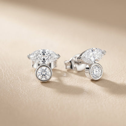 Marquise Round Cut Lab Grown Diamond Stud Earrings in White Gold