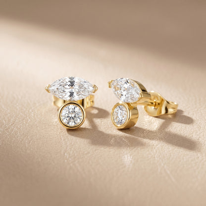 Marquise Round Cut Lab Grown Diamond Stud Earrings in Yellow Gold