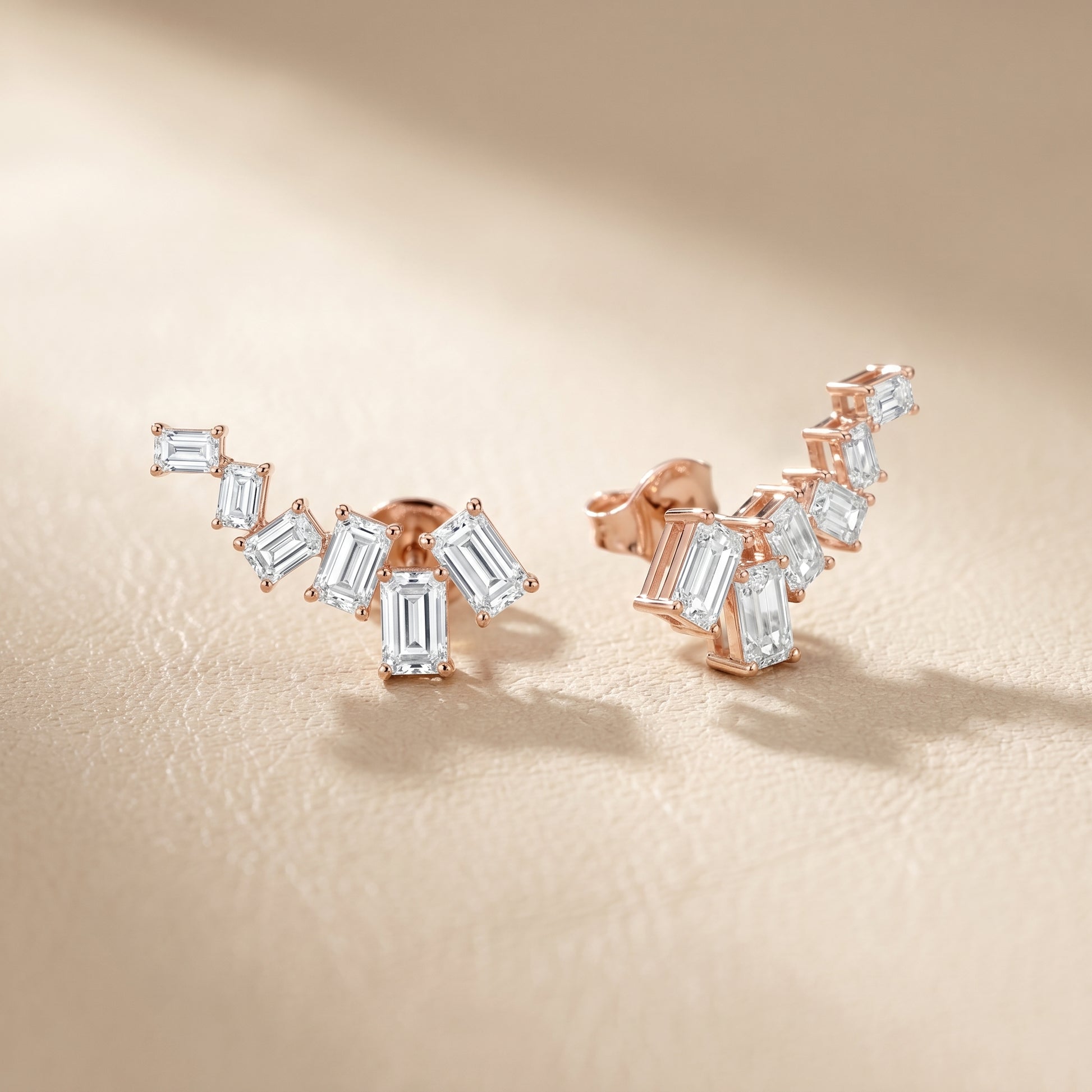 Emerald Cut Lab Grown Diamond Climber Earrings in Rose Gold