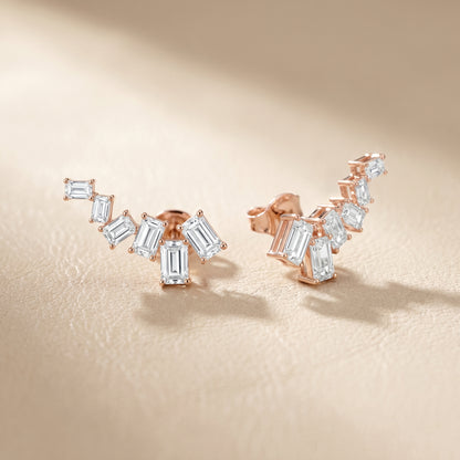 Emerald Cut Lab Grown Diamond Climber Earrings in Rose Gold