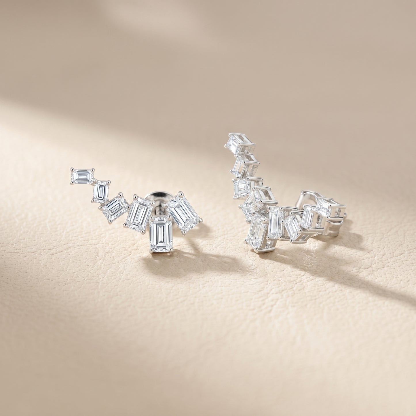 Emerald Cut Lab Grown Diamond Climber Earrings in White Gold