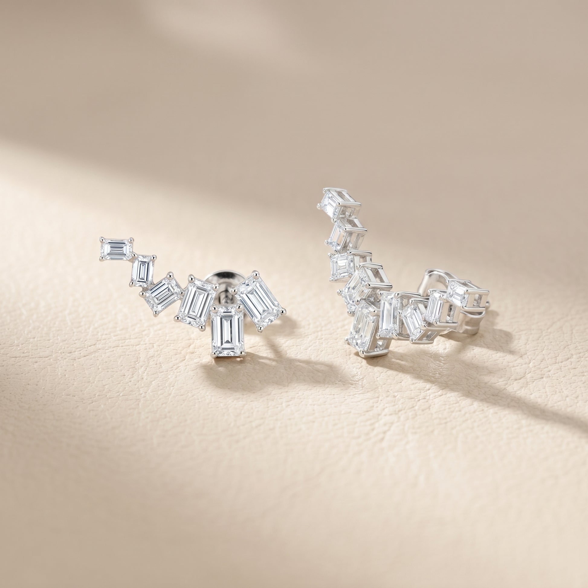 Emerald Cut Lab Grown Diamond Climber Earrings in Silver
