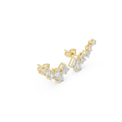Emerald Cut Lab Grown Diamond Climber Earrings in Yellow Gold