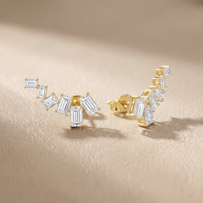 Emerald Cut Lab Grown Diamond Climber Earrings in Yellow Gold