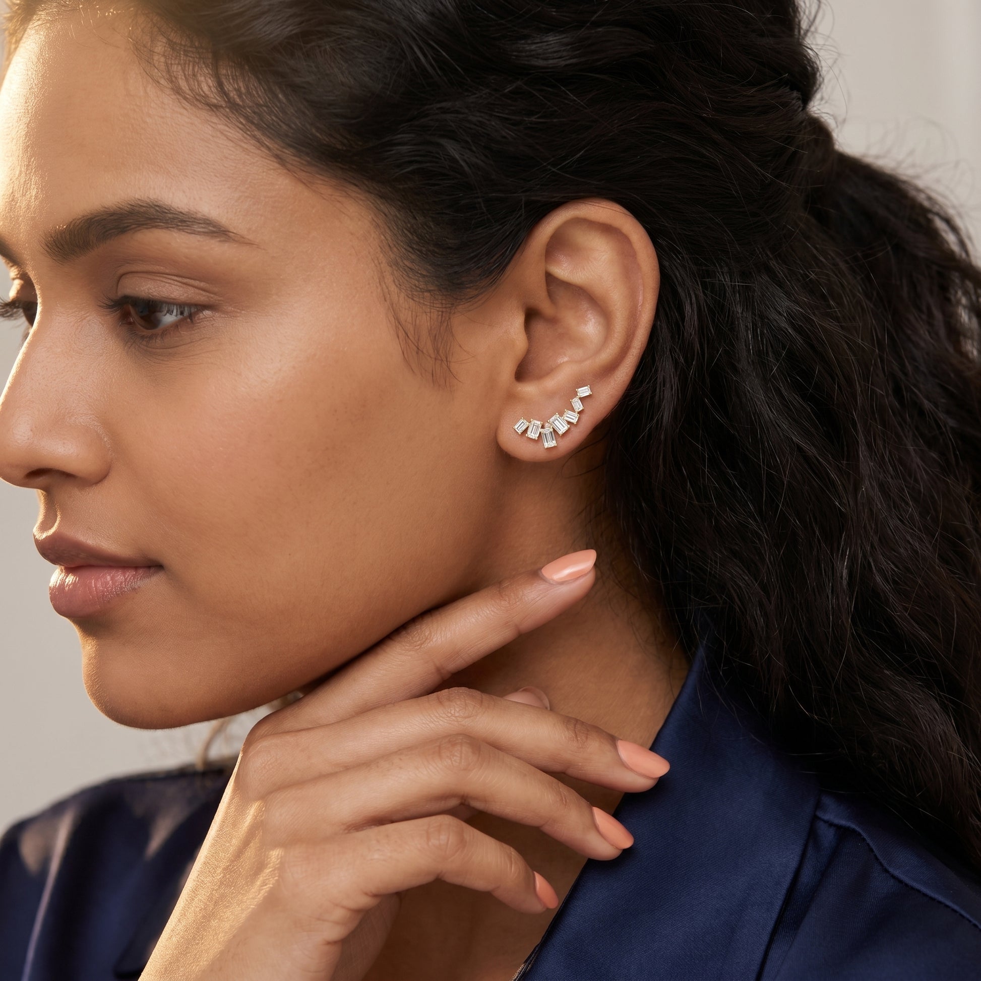 Emerald Cut Lab Grown Diamond Climber Earrings in Yellow Gold