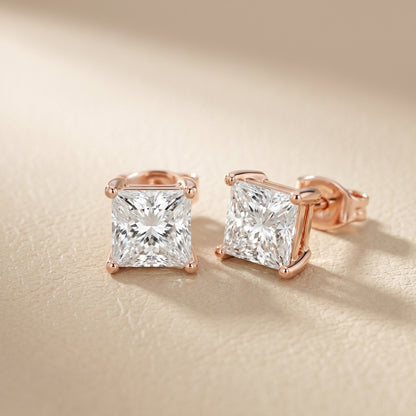 Princess Cut Lab Grown Diamond Stud Earrings in Rose Gold