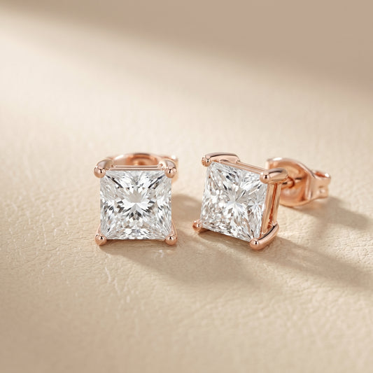 Princess Cut Lab Grown Diamond Stud Earrings in Rose Gold