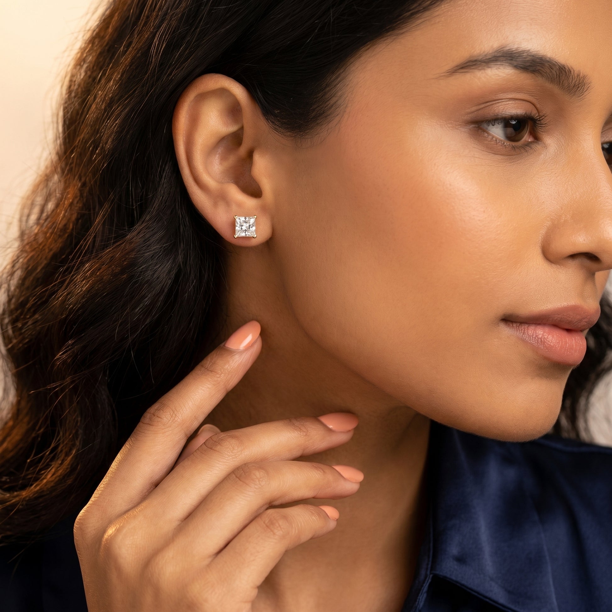 Princess Cut Lab Grown Diamond Stud Earrings in Yellow Gold