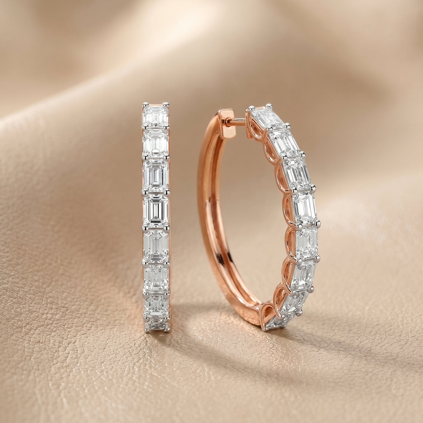 Emerald Cut Lab Grown Diamond Hoop Earrings in Rose Gold