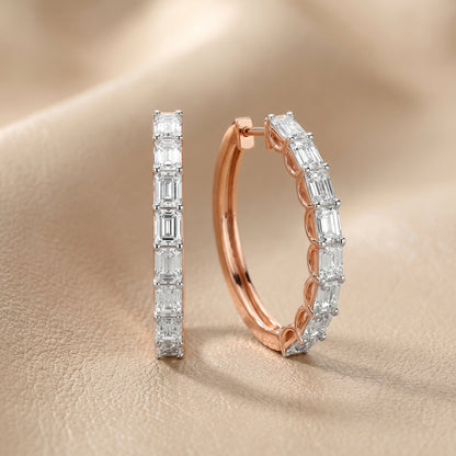 Emerald Cut Lab Grown Diamond Hoop Earrings in Rose Gold
