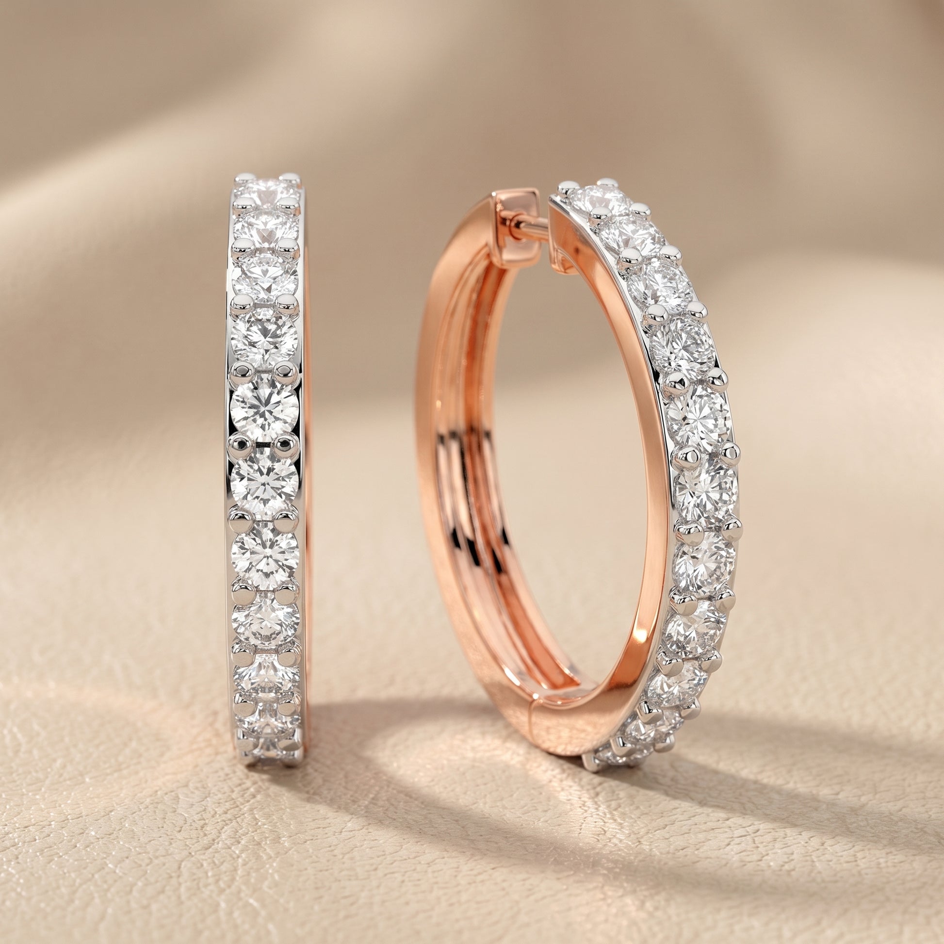 Round Cut Lab Grown Diamond Hoop Earrings in Rose Gold