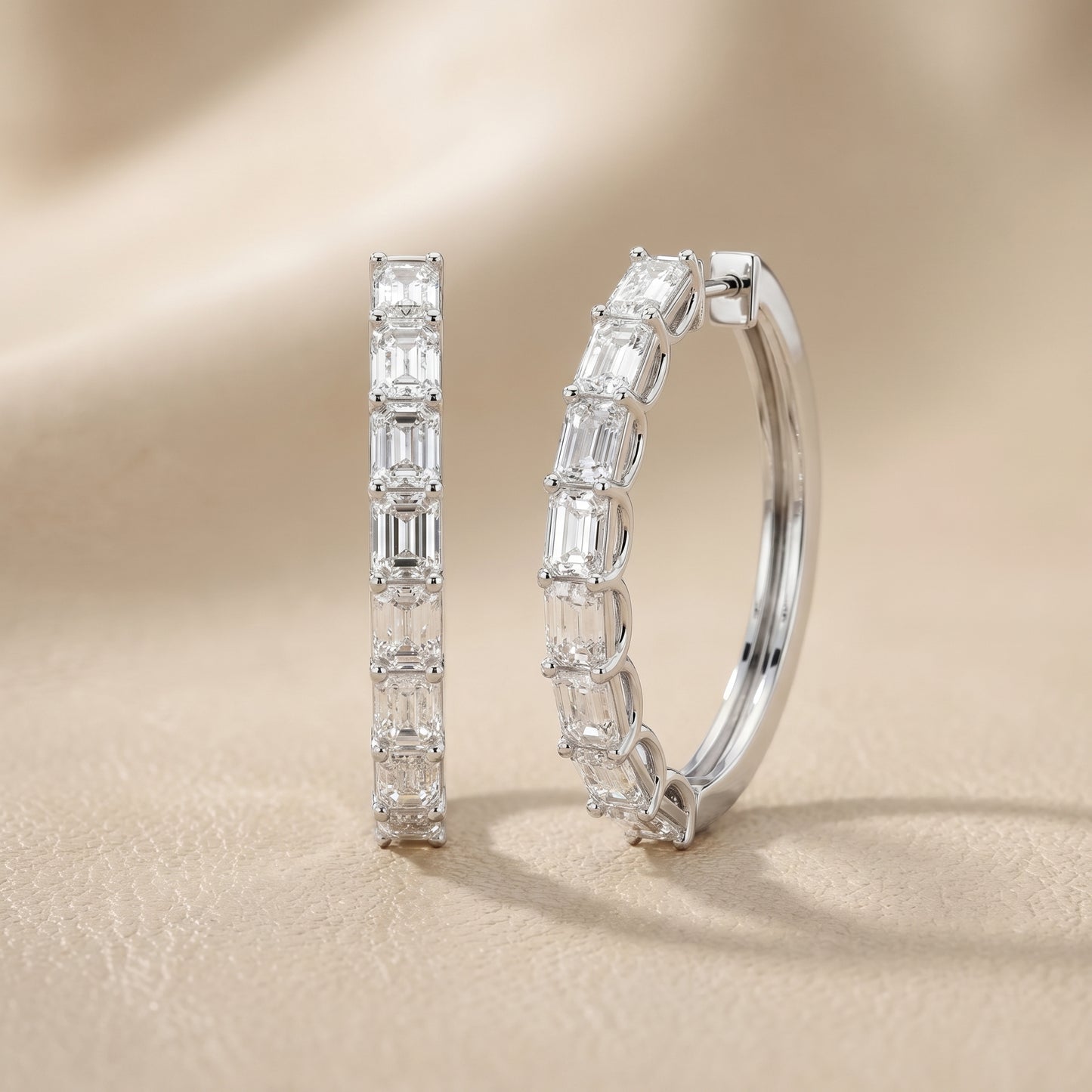 Emerald Cut Lab Grown Diamond Hoop Earrings in White Gold