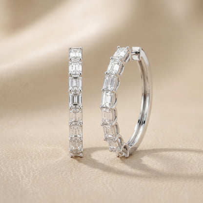Emerald Cut Lab Grown Diamond Hoop Earrings in Silver