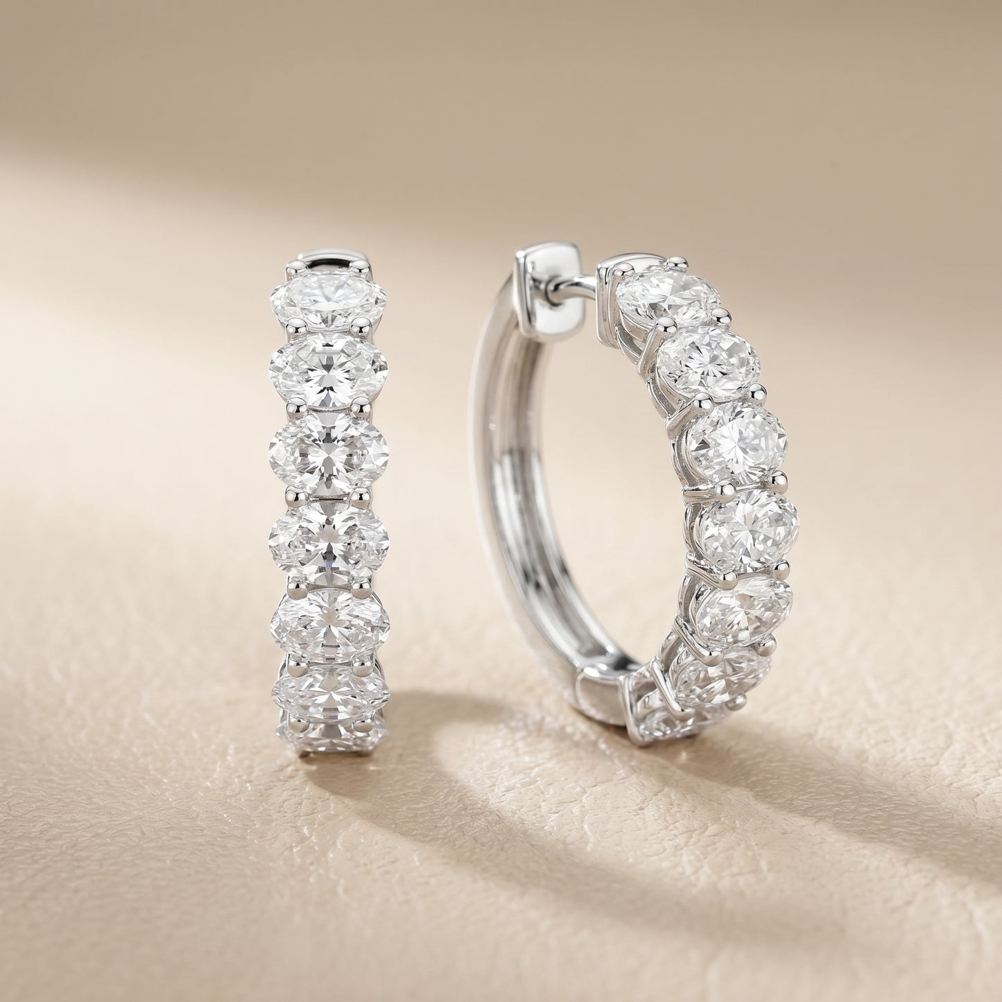 Oval Cut Lab Grown Diamond Hoop Earrings in Silver
