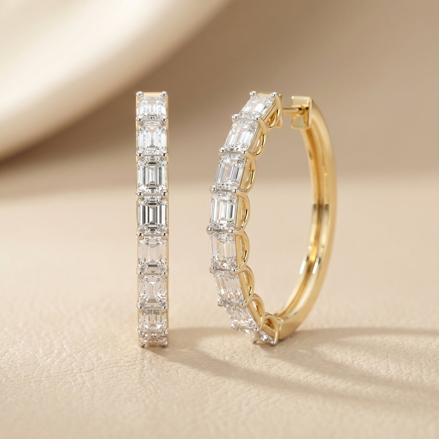 Emerald Cut Lab Grown Diamond Hoop Earrings in Yellow Gold