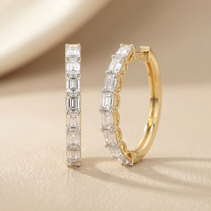 Emerald Cut Lab Grown Diamond Hoop Earrings in Yellow Gold