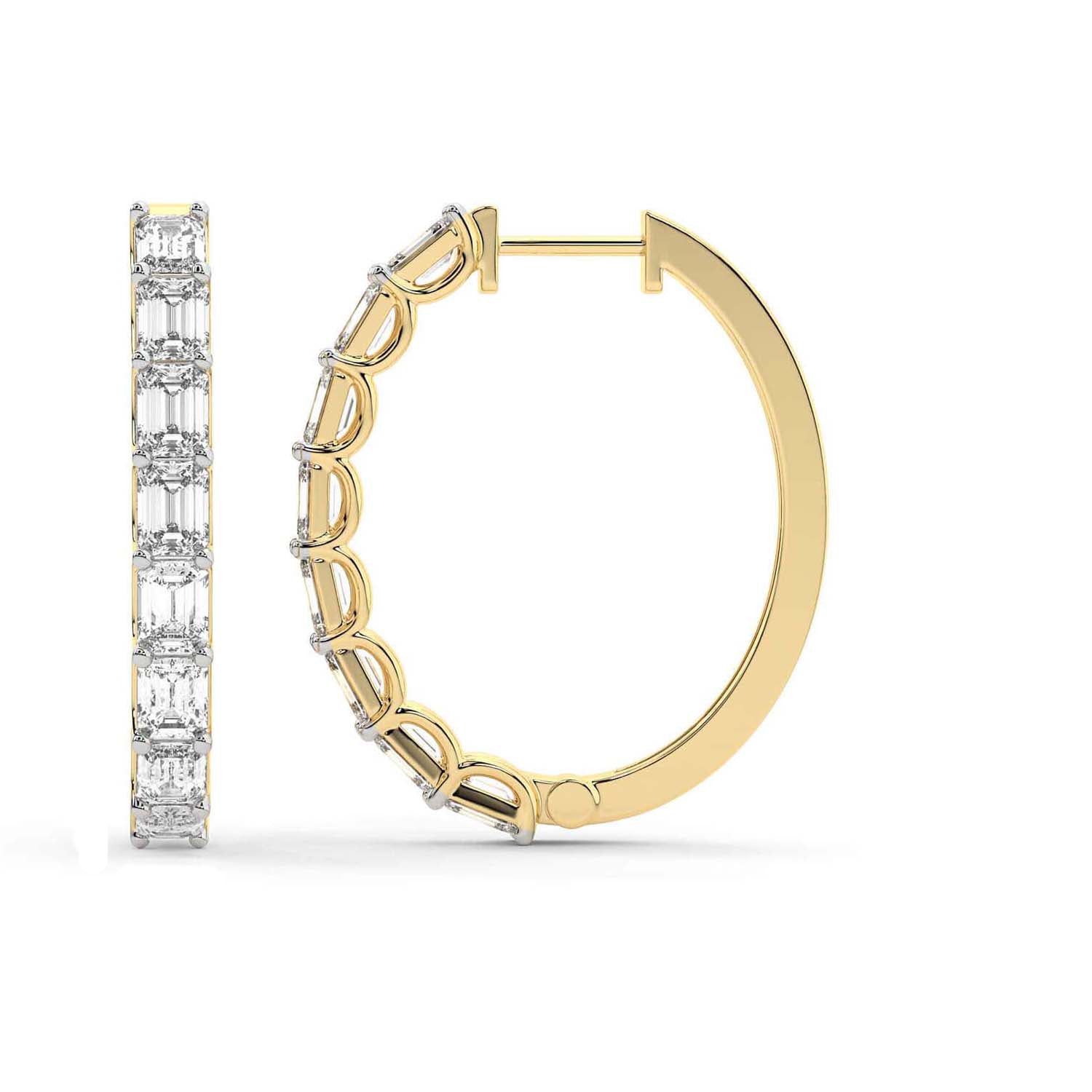 Emerald Cut Lab Grown Diamond Hoop Earrings in Yellow Gold
