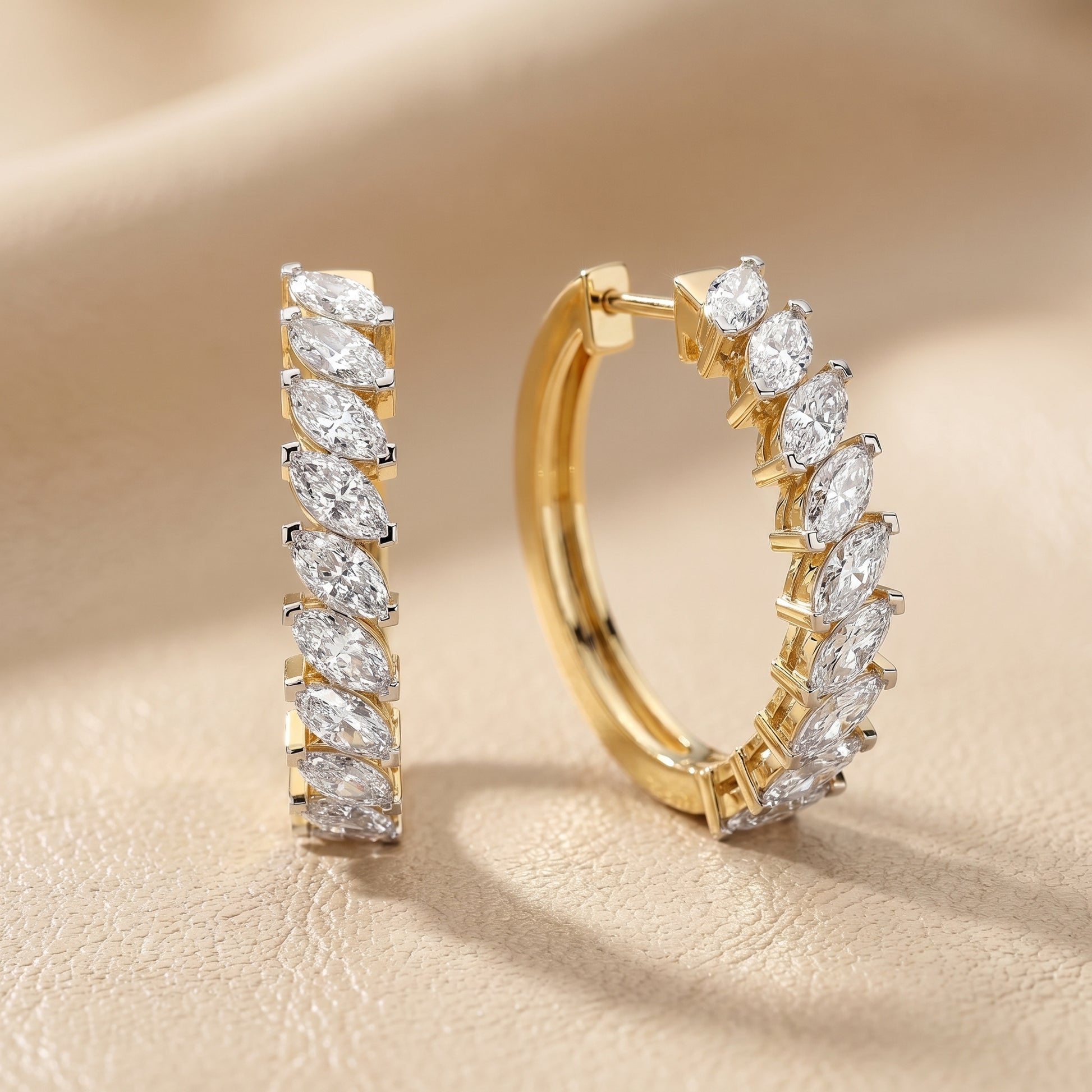 Marquise Cut Lab Grown Diamond Hoop Earrings in Yellow Gold