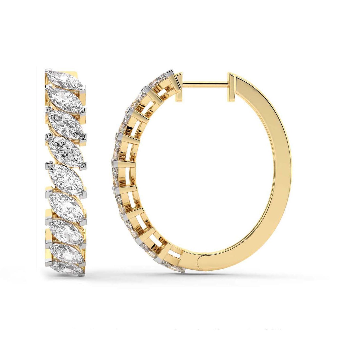 Marquise Cut Lab Grown Diamond Hoop Earrings in Yellow Gold
