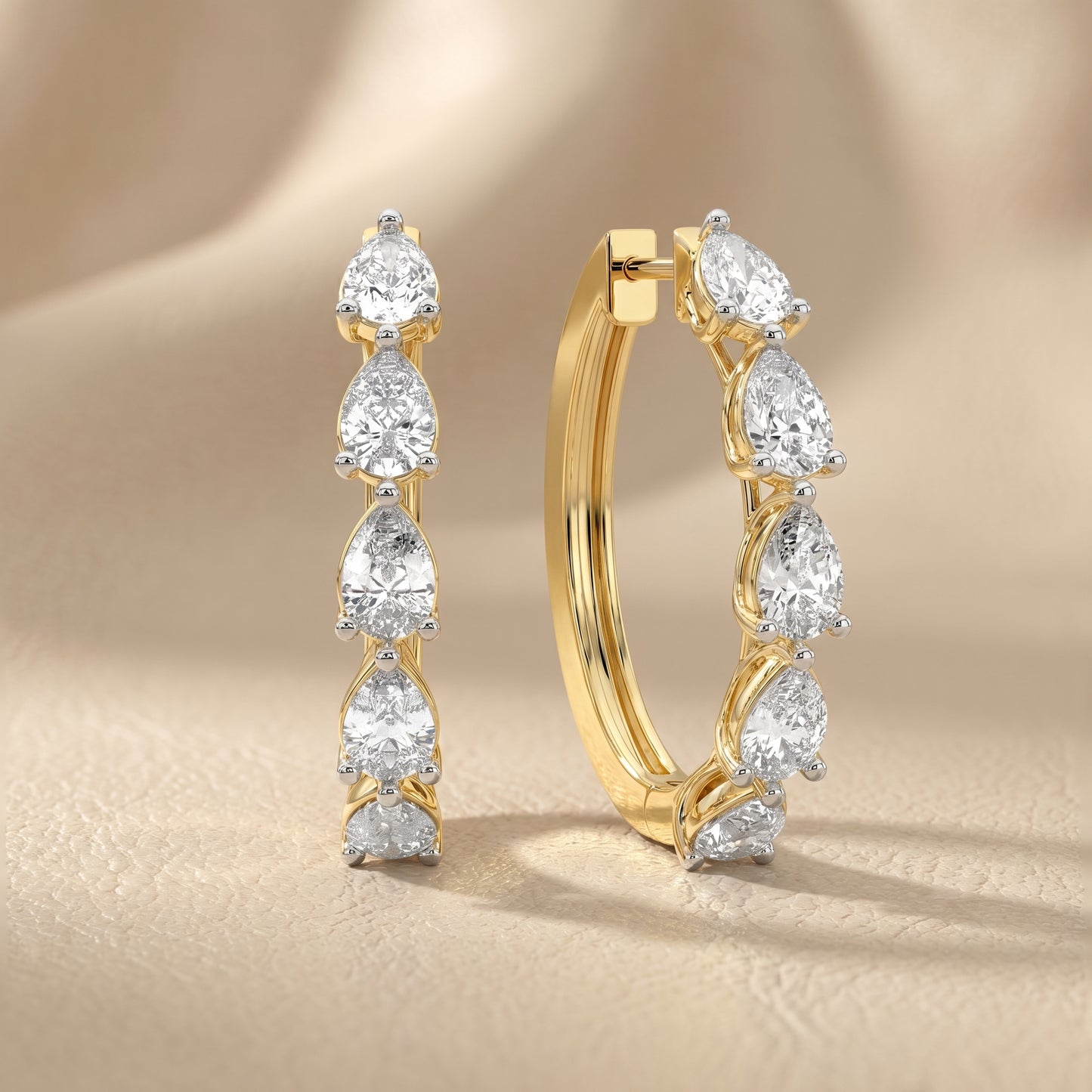 Pear Cut Lab Grown Diamond Hoop Earrings in Yellow Gold