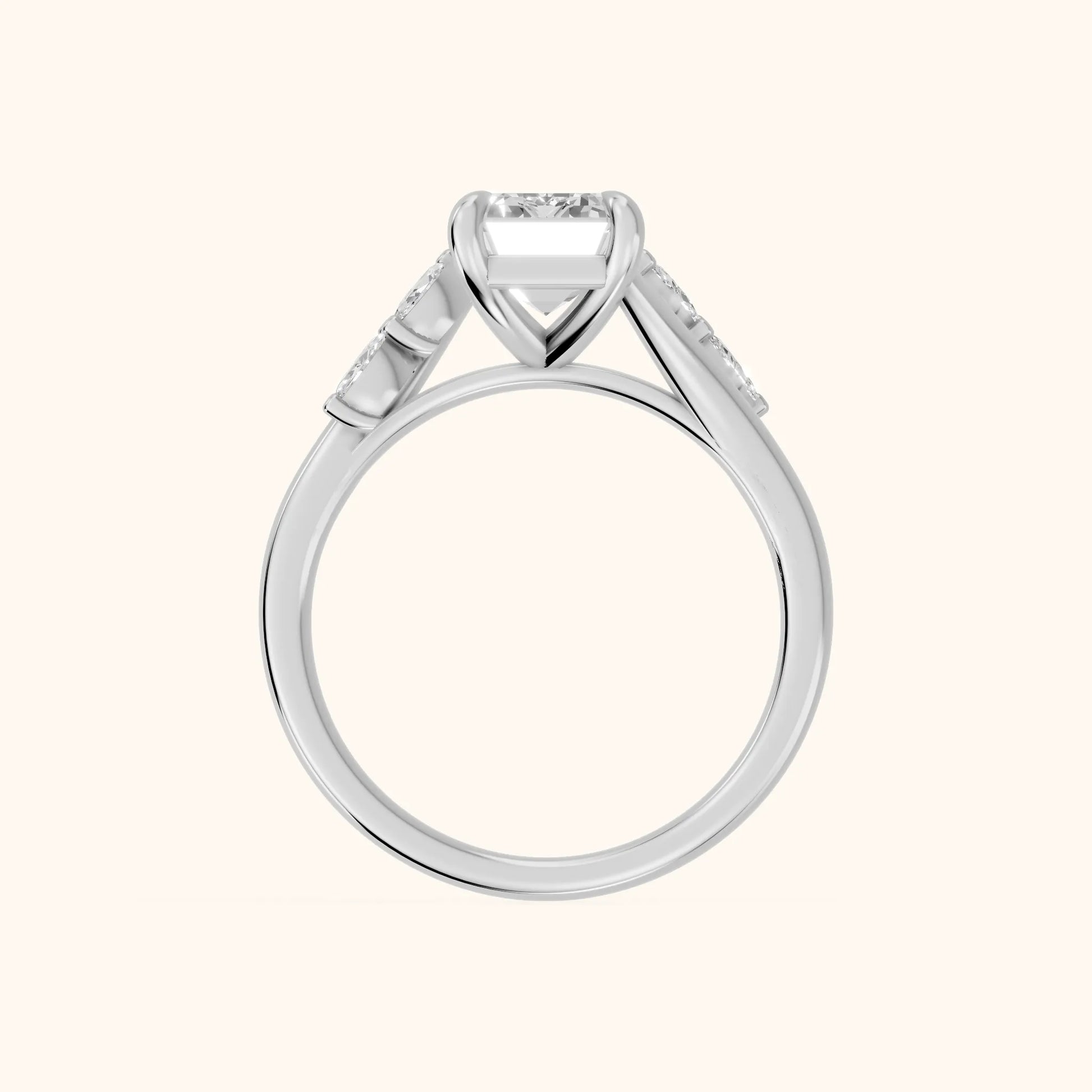 Flora Twist Side Stone Emerald Diamond Engagement Ring in White Gold - FingerView