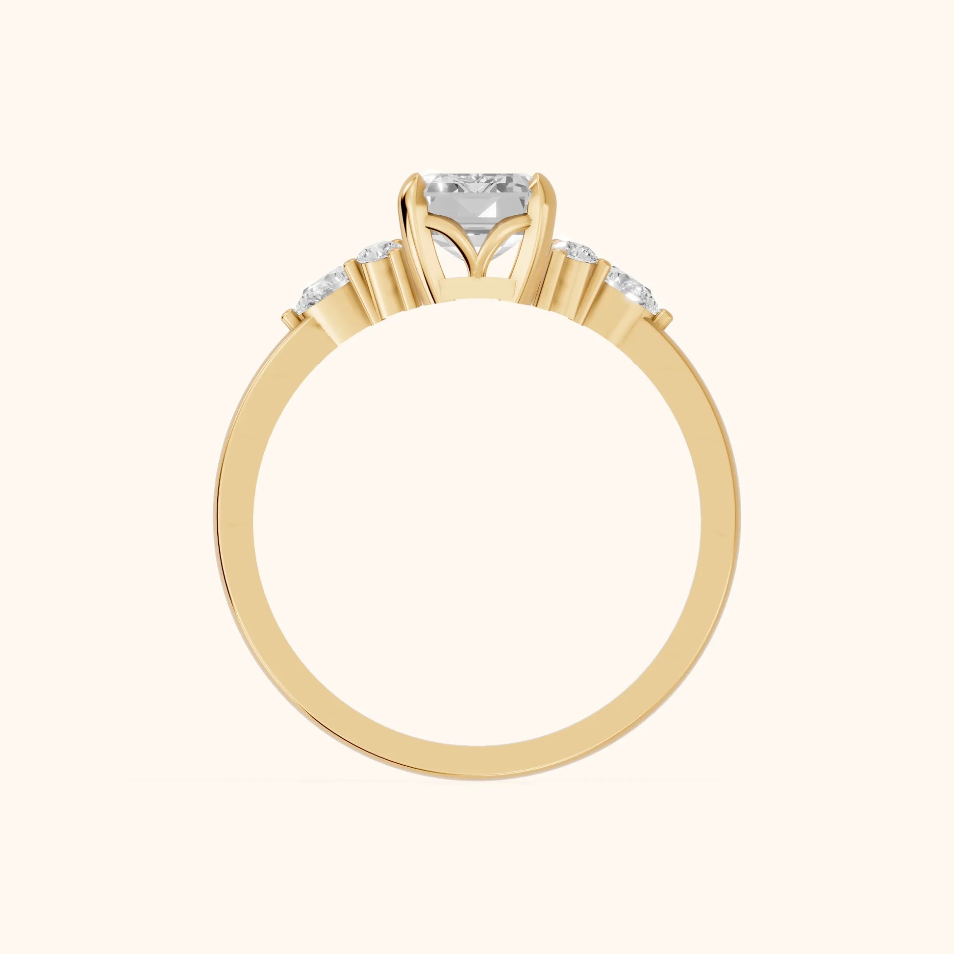 Amelia Three Stone Emerald Diamond Engagement Ring in Yellow Gold - FingerView