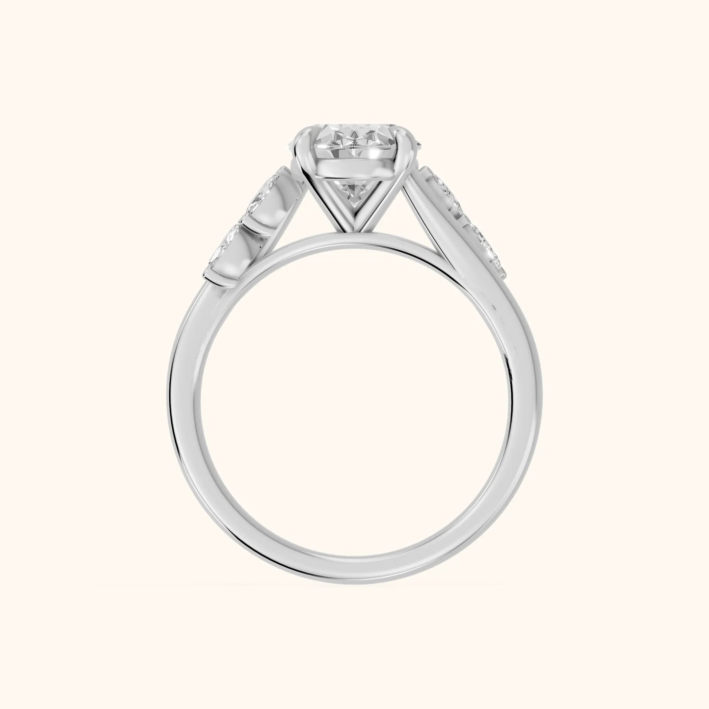 Flora Twist Side Stone Oval Diamond Engagement Ring in Silver - FingerView