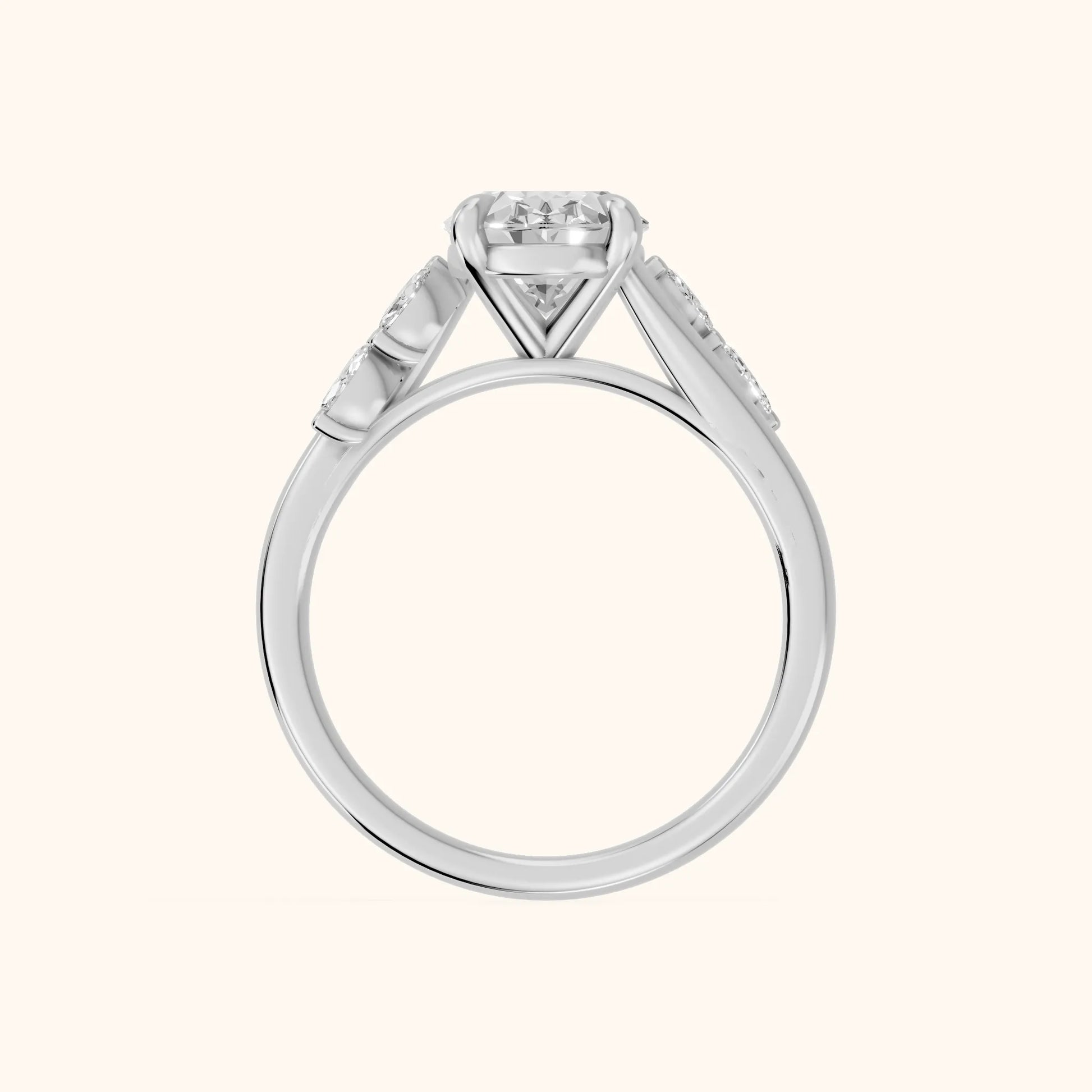 Flora Twist Side Stone Oval Diamond Engagement Ring in Silver - FingerView