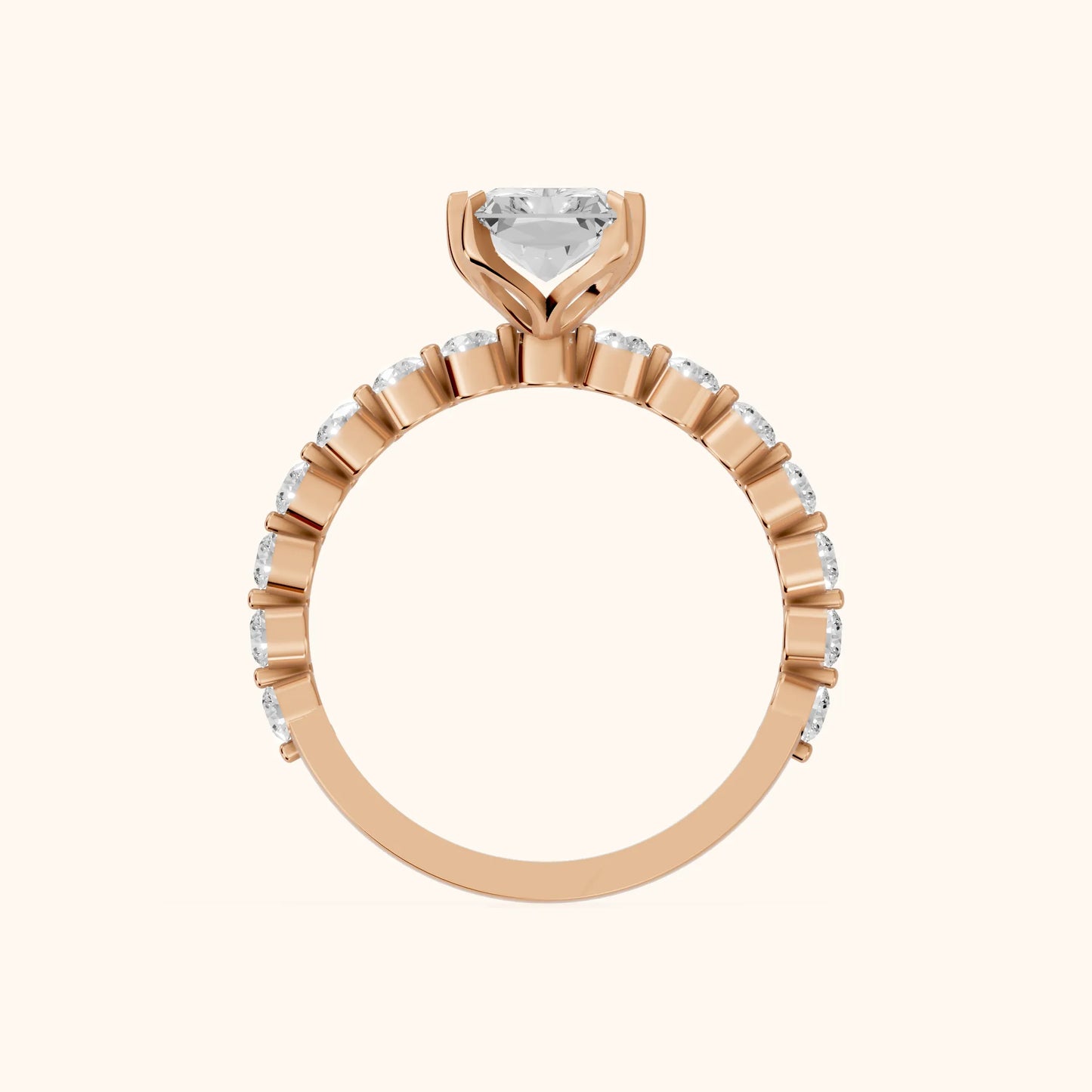 Eleanor Majesty Side Stone Radiant Diamond Engagement Ring in Rose Gold - FingerView