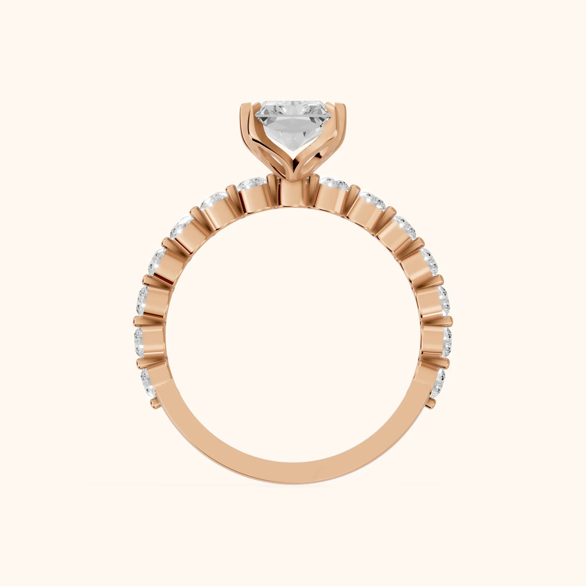 Eleanor Majesty Side Stone Radiant Diamond Engagement Ring in Rose Gold - FingerView