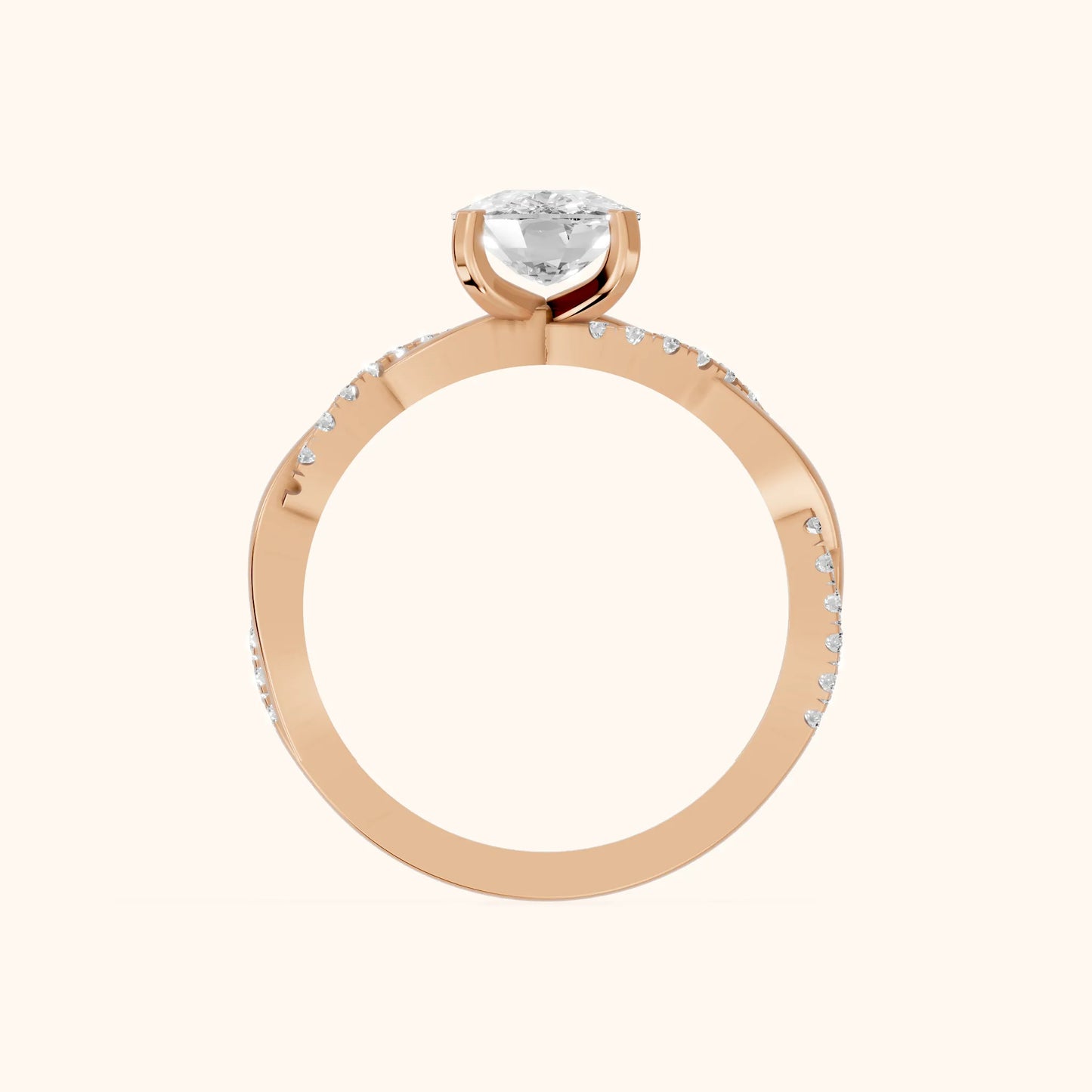 Twisted Side Stone Cushion Diamond Engagement Ring in Rose Gold - FingerView