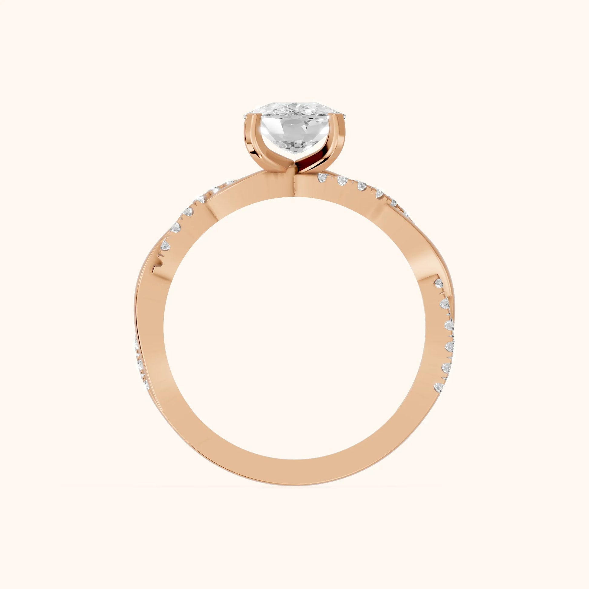Twisted Side Stone Cushion Diamond Engagement Ring in Rose Gold - FingerView