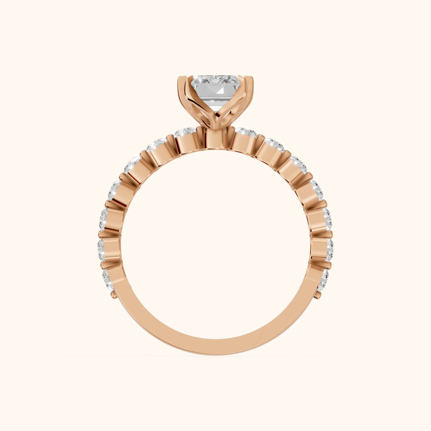 Eleanor Majesty Side Stone Emerald Diamond Engagement Ring in Rose Gold - FingerView