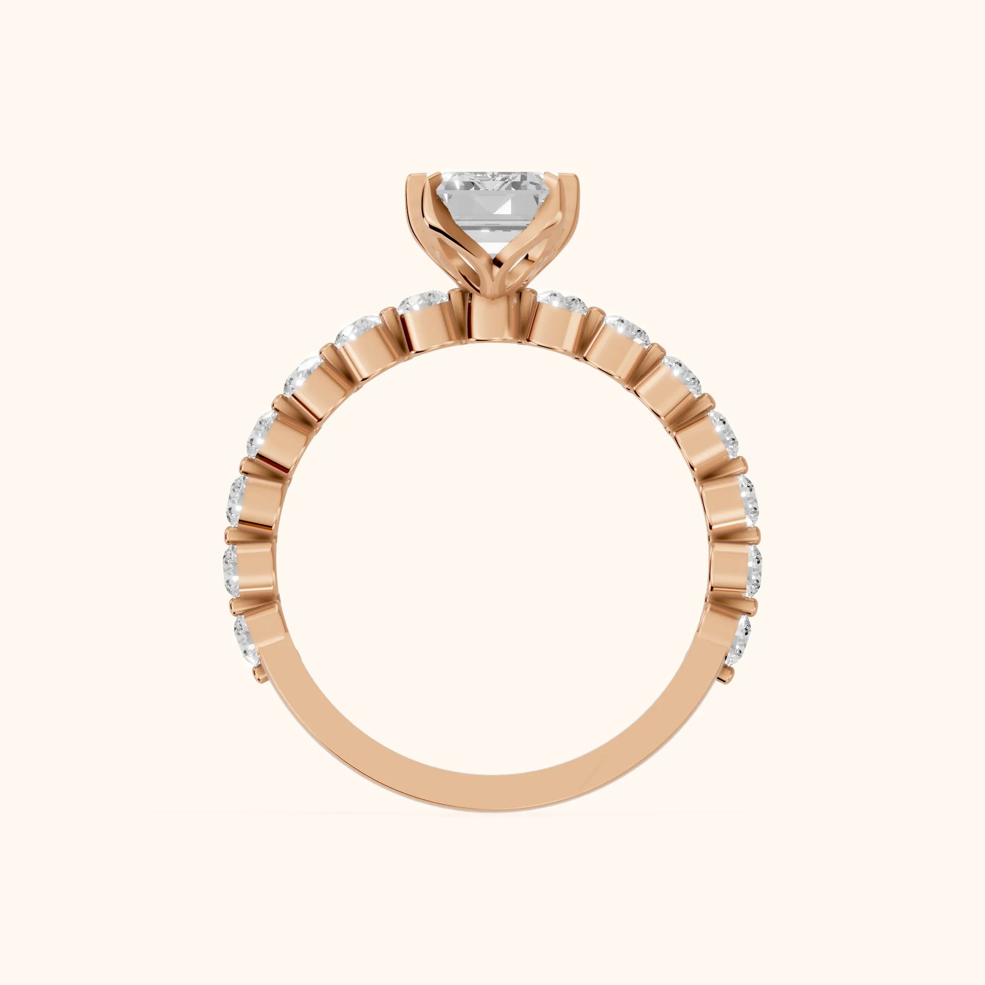 Eleanor Majesty Side Stone Emerald Diamond Engagement Ring in Rose Gold - FingerView
