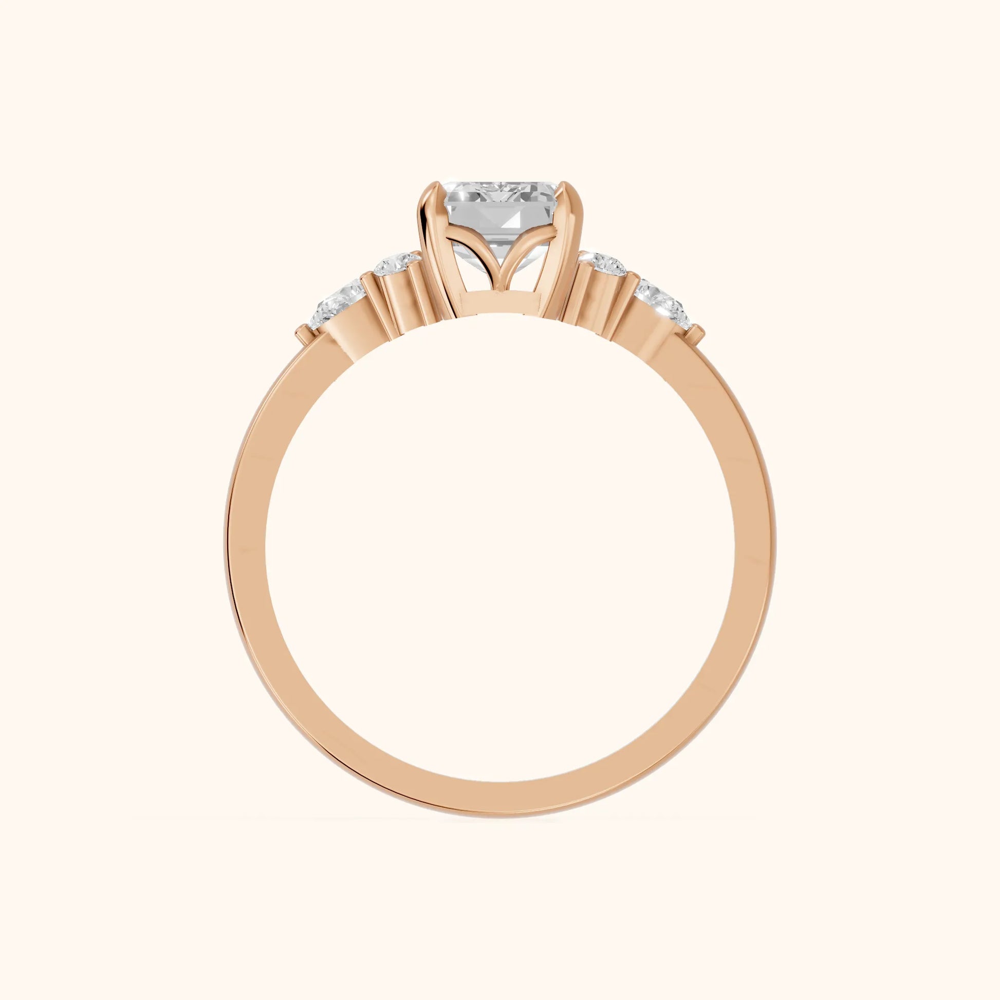Amelia Three Stone Emerald Diamond Engagement Ring in Rose Gold - FingerView