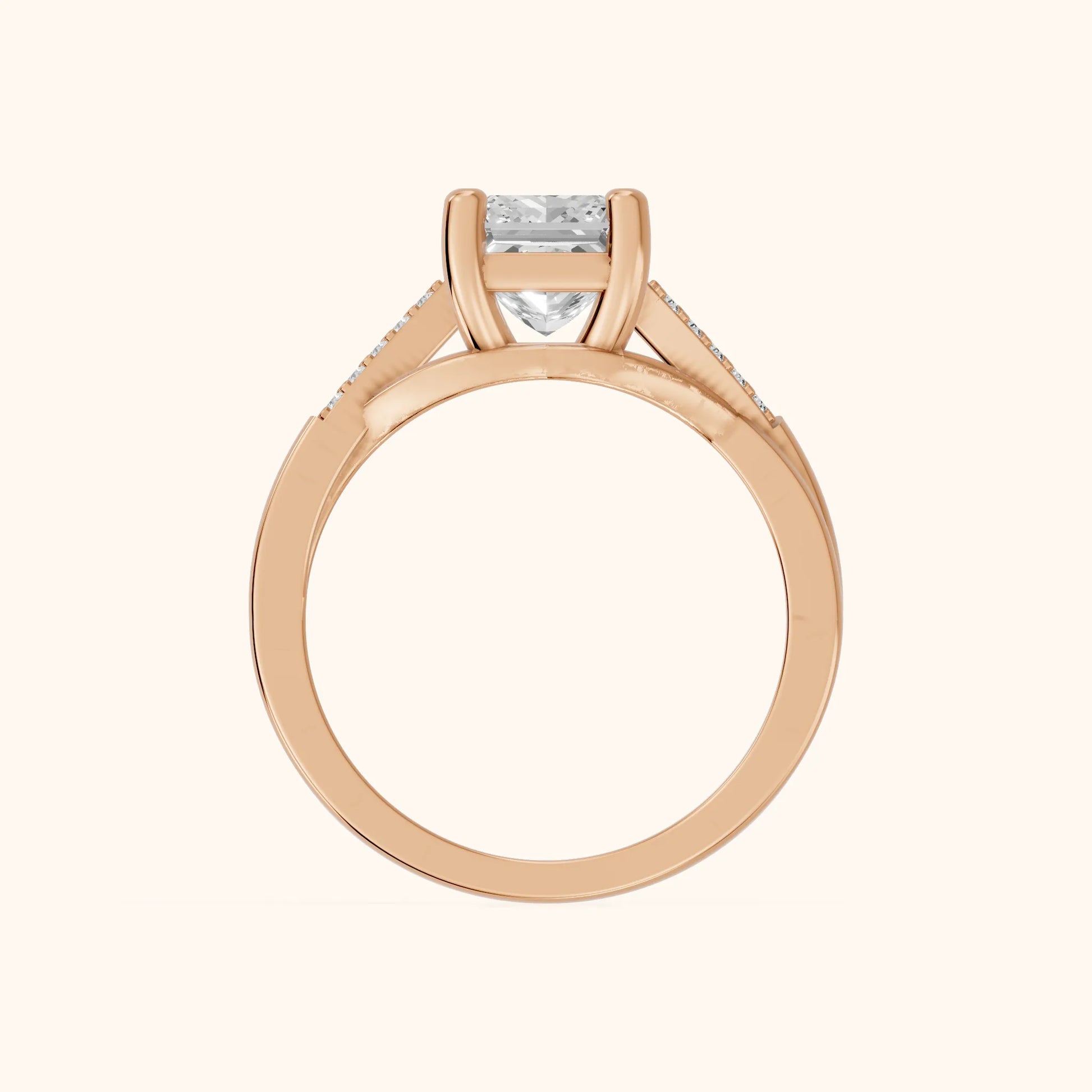 Veronica Twist Side Stone Princess Diamond Engagement Ring in Rose Gold - FingerView