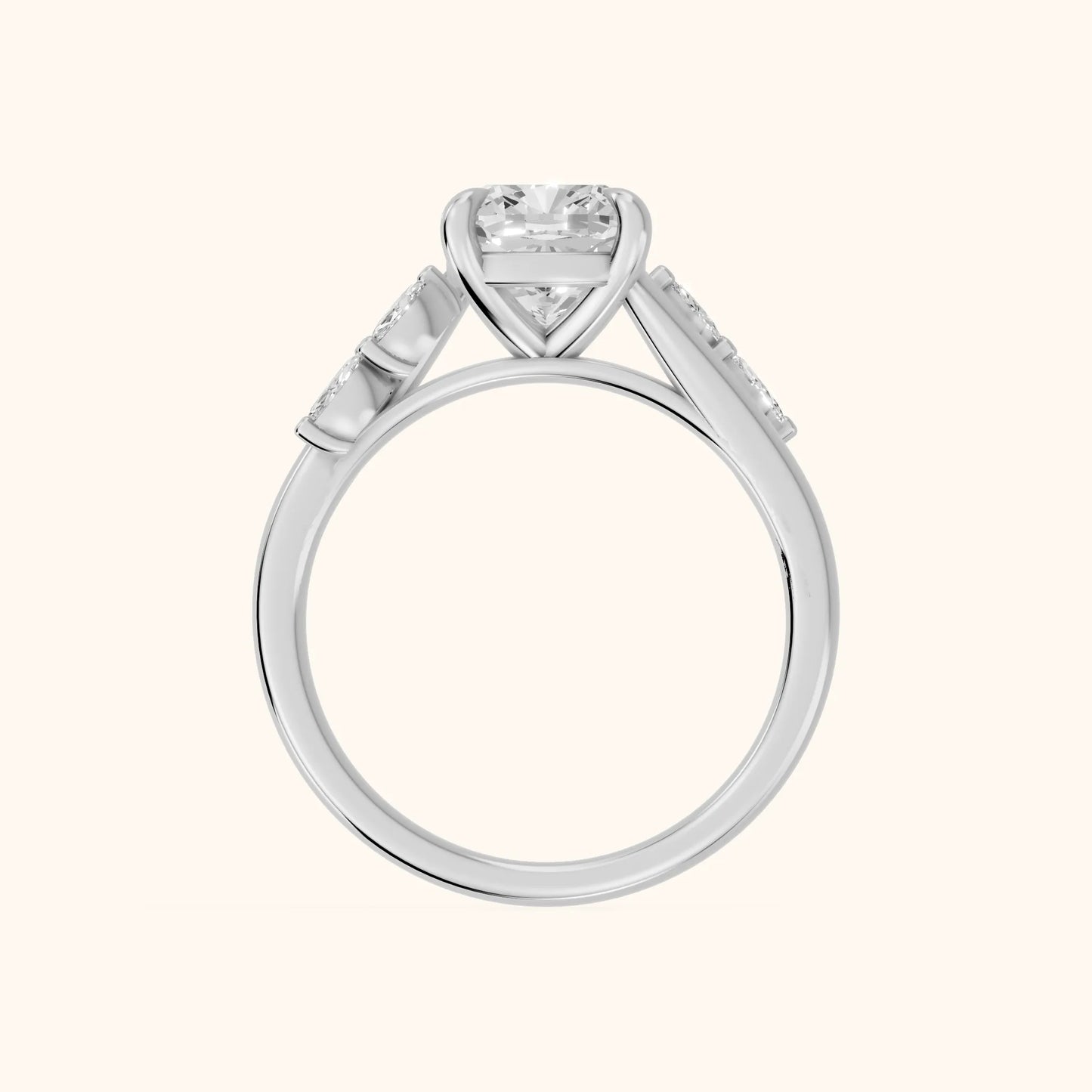 Flora Twist Side Stone Cushion Diamond Engagement Ring in White Gold - FingerView