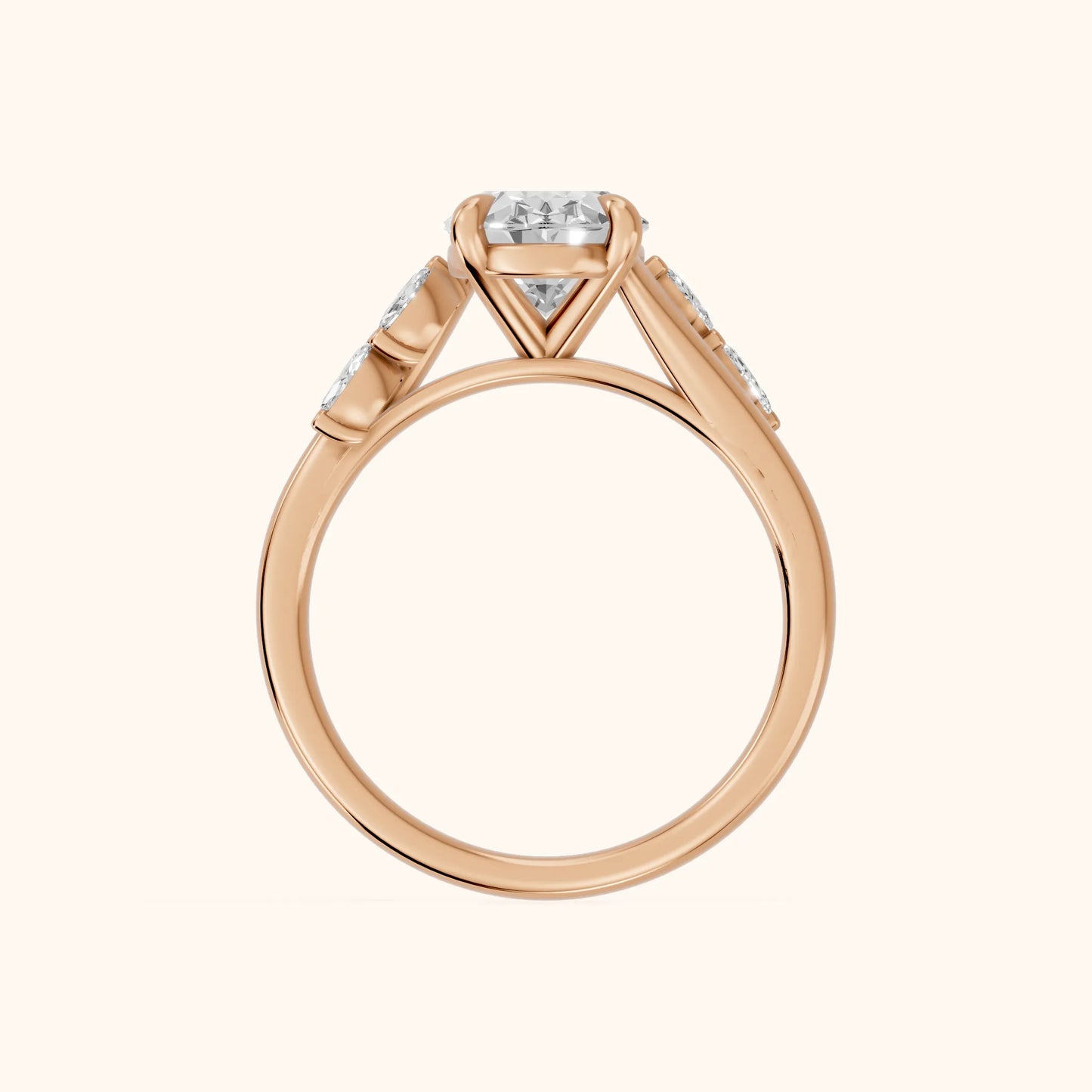 Flora Twist Side Stone Oval Diamond Engagement Ring in Rose Gold - FingerView