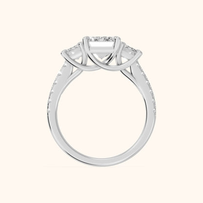 Gabrielle Three-Stone Pavé Emerald Diamond Engagement Ring in White Gold - FingerView.webp