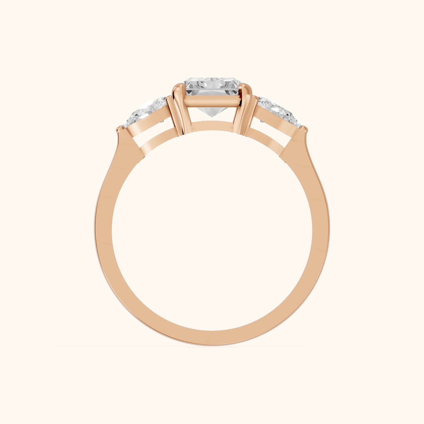 Grace Three Stone Radiant Diamond Engagement Ring in Rose Gold - FingerView