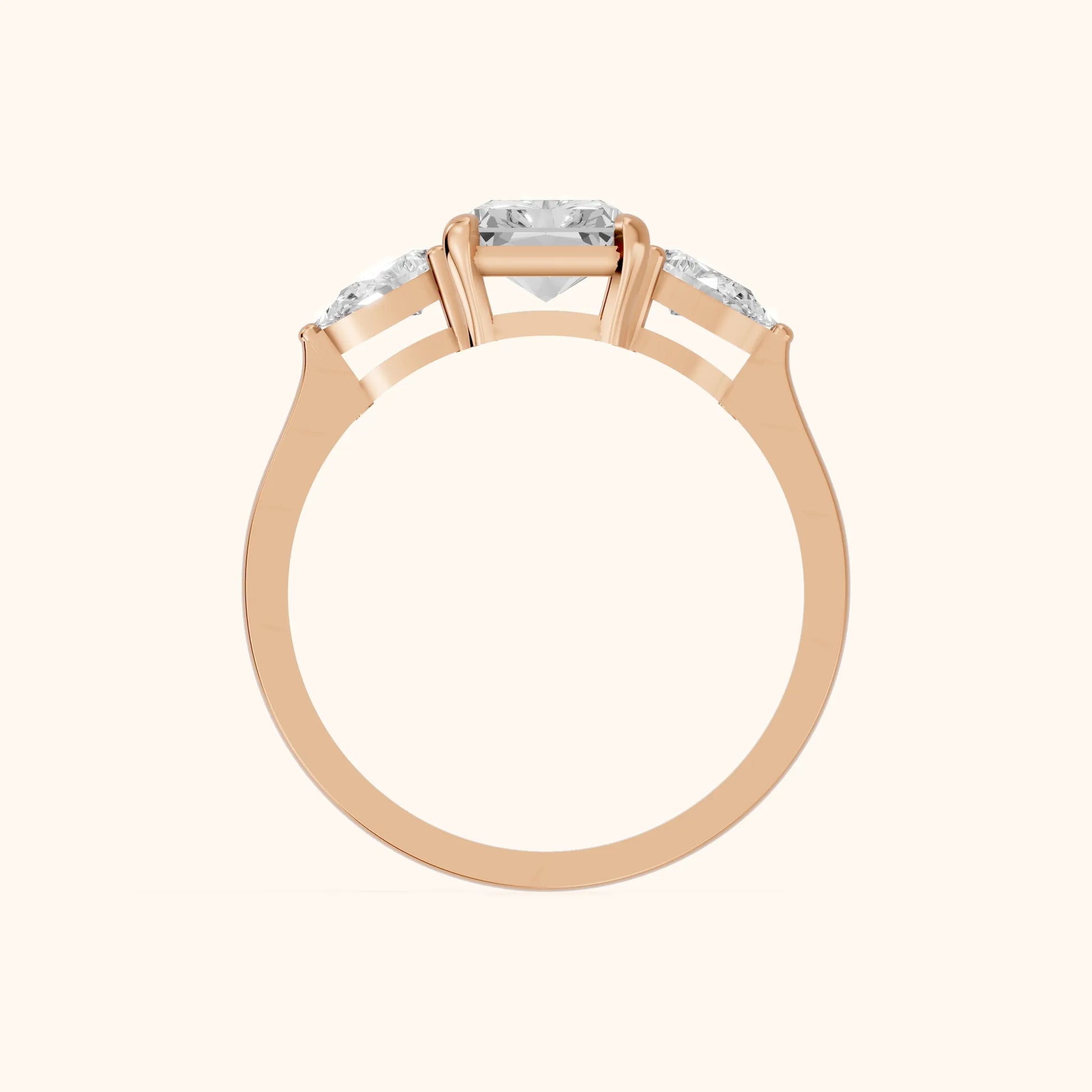 Grace Three Stone Radiant Diamond Engagement Ring in Rose Gold - FingerView