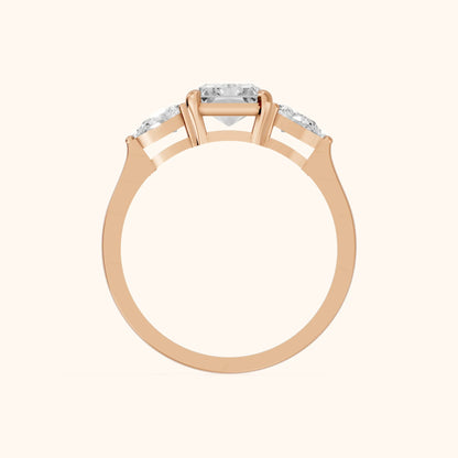 Grace Three Stone Radiant Diamond Engagement Ring in Rose Gold - FingerView
